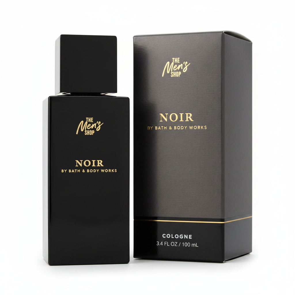 Noir Cologne Bottle and Box White Background